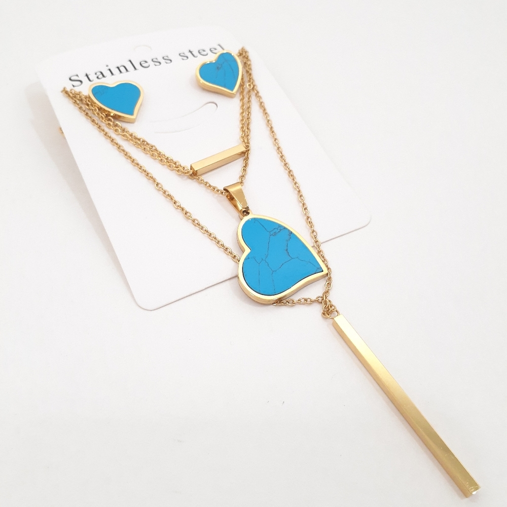 Marbled Blue Heart 3 Chains Necklace Set Stainless Steel